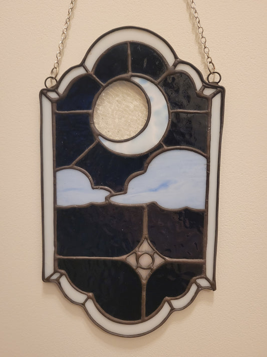 Handmade Stained Glass Suncatcher, moon and starry sky.