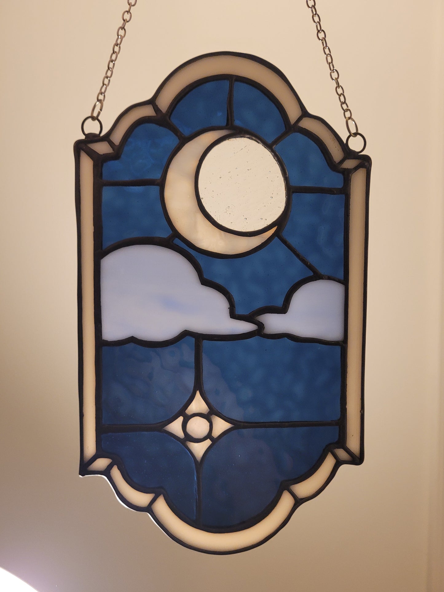 Handmade Stained Glass Suncatcher, moon and starry sky.