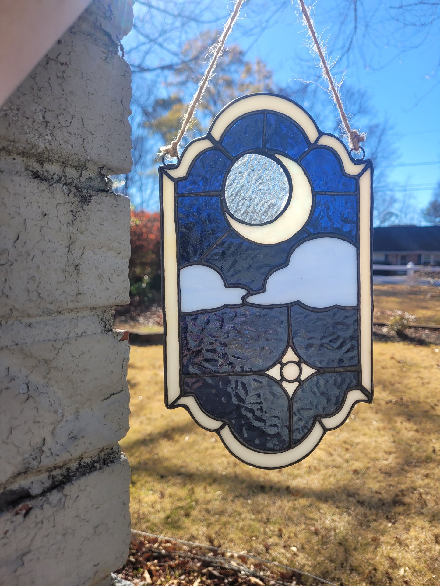 Handmade Stained Glass Suncatcher, moon and starry sky.